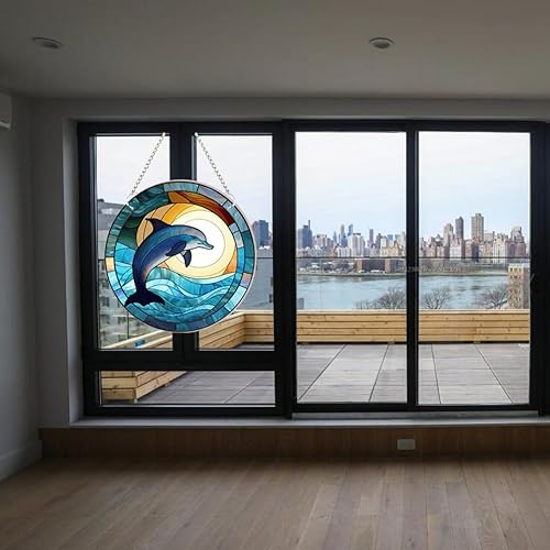 Miniatura 5 de WQVSHRO Adorno acrílico teñido de delfín para colgar en la ventana, decoración temática del océano para colgar con cadena, panel decorativo de pared