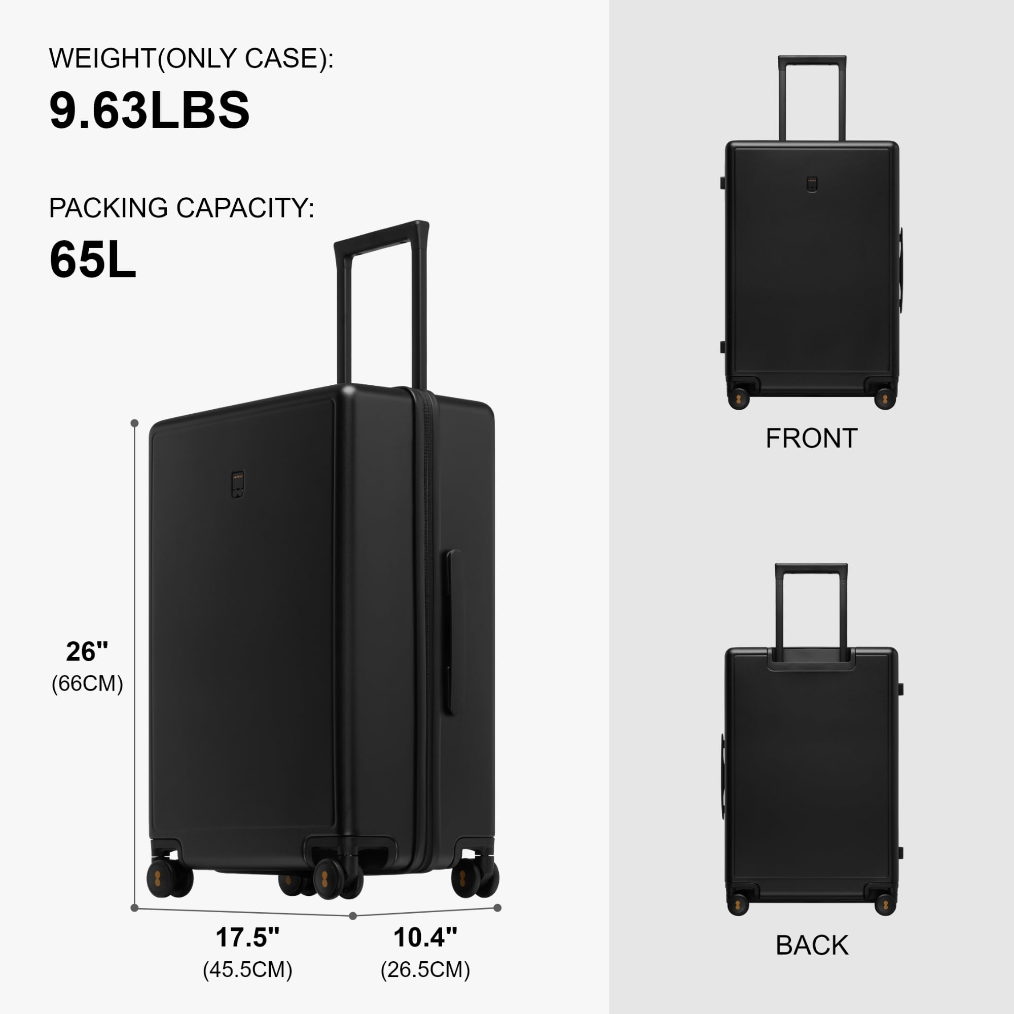 LEVEL8 Valise Cabine Élégance Mat 100% PC Bagage à Main Trolley Rigide avec Organisateur de Valise 4 Pièces, avec 4 roulettes Doubles Pivotantes et Serrure TSA, 66CM, 65L, Noir