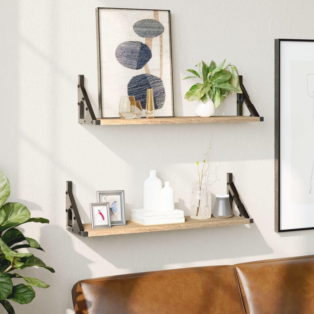 YUANCHUTOP Wall Shelf Set of 2, Rustic Floating Shelf 60cm, Hanging Shelves Wall Mounted for Photos, Decorations, Display Shelf for Living Room Bedroom - Oak