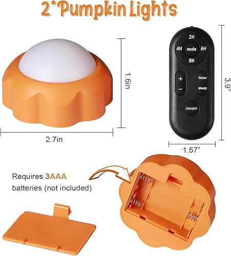 Miniatura 4 de Wosyrd Paquete de 2 luces de calabaza de Halloween, funciona con pilas, decoraciones de Halloween con temporizadores remotos, luces LED de calabaza