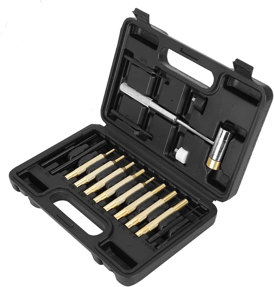 17Pcs Punch Set, Mechanical Installation Round Punches, Pin Punch Kit with Carbon Steel and Brass Hammer Heads, Non - Slip Frosted Design, Durable Storage Box for Maintenance and R