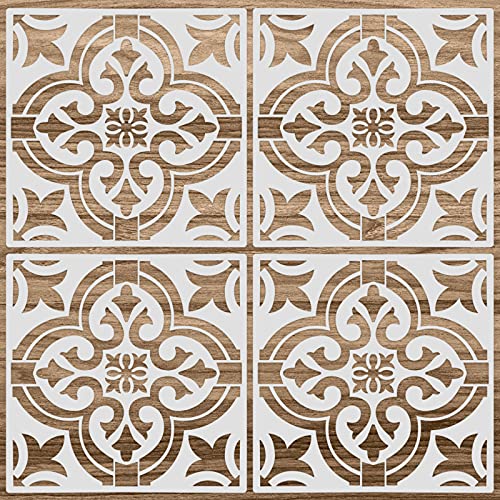 Zonon 4 Pcs 12 x 12 Inches Reusable Tile Stencil for Painting Large Pattern Floor Wall Templates Flower Damask Talavera Moroccan Mehndi for DIY Crafts Concrete Plaster Decor(Mandala Style)