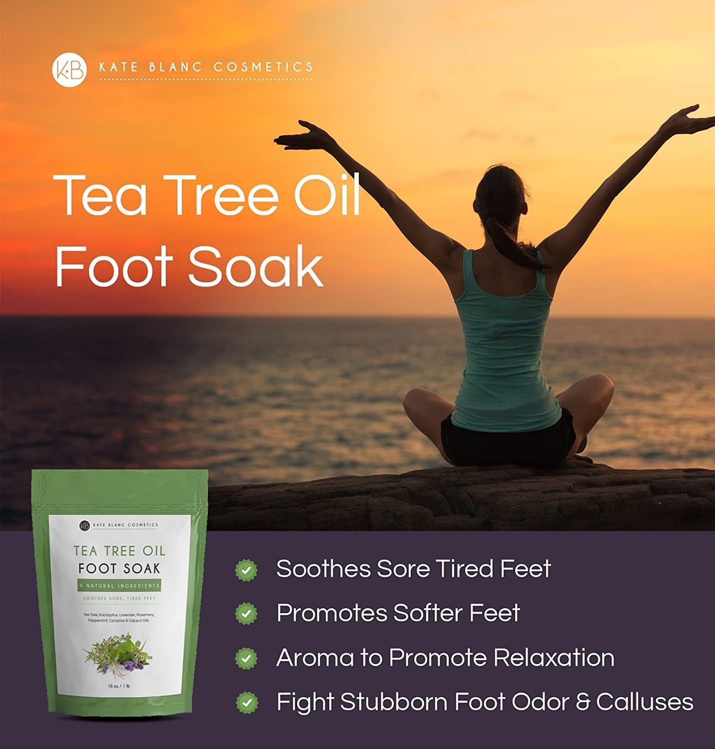 Tea Tree Oil Foot Soak with Epsom Salt (16oz) by Kate Blanc. Tea Tree Foot Care & Bath. Epsom Salt Pedicure Foot Soak for Pain Relief, Spa, Callus, Treatment