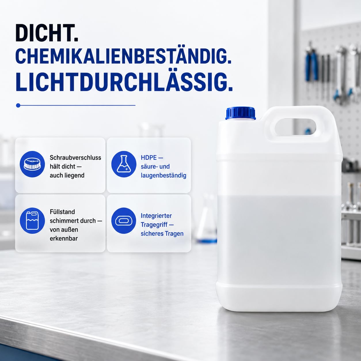POSH Bidon 10 x 5 l avec bouchon à vis – Récipient transparent en polyéthylène haute densité pour liquides, eau et huile – Étanche et empilable – Lot de bidons en plastique pour la maison, le camping