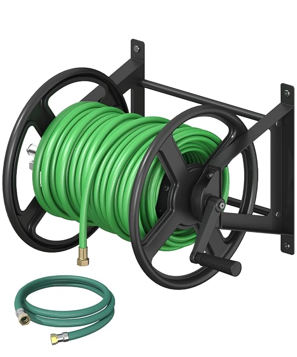 Ansionsol Garden Hose Reel Wall Mounted, Heavy-Duty Water Hose Holder Winder with 3.9 ft Leader Hose & Brass Fitting, Hose Hanger Storage Rack Holds 125-Feet of, 5/8-Inch, for Yard Lawn Farm, Black by Ansionsol - Used condition - US$68.39