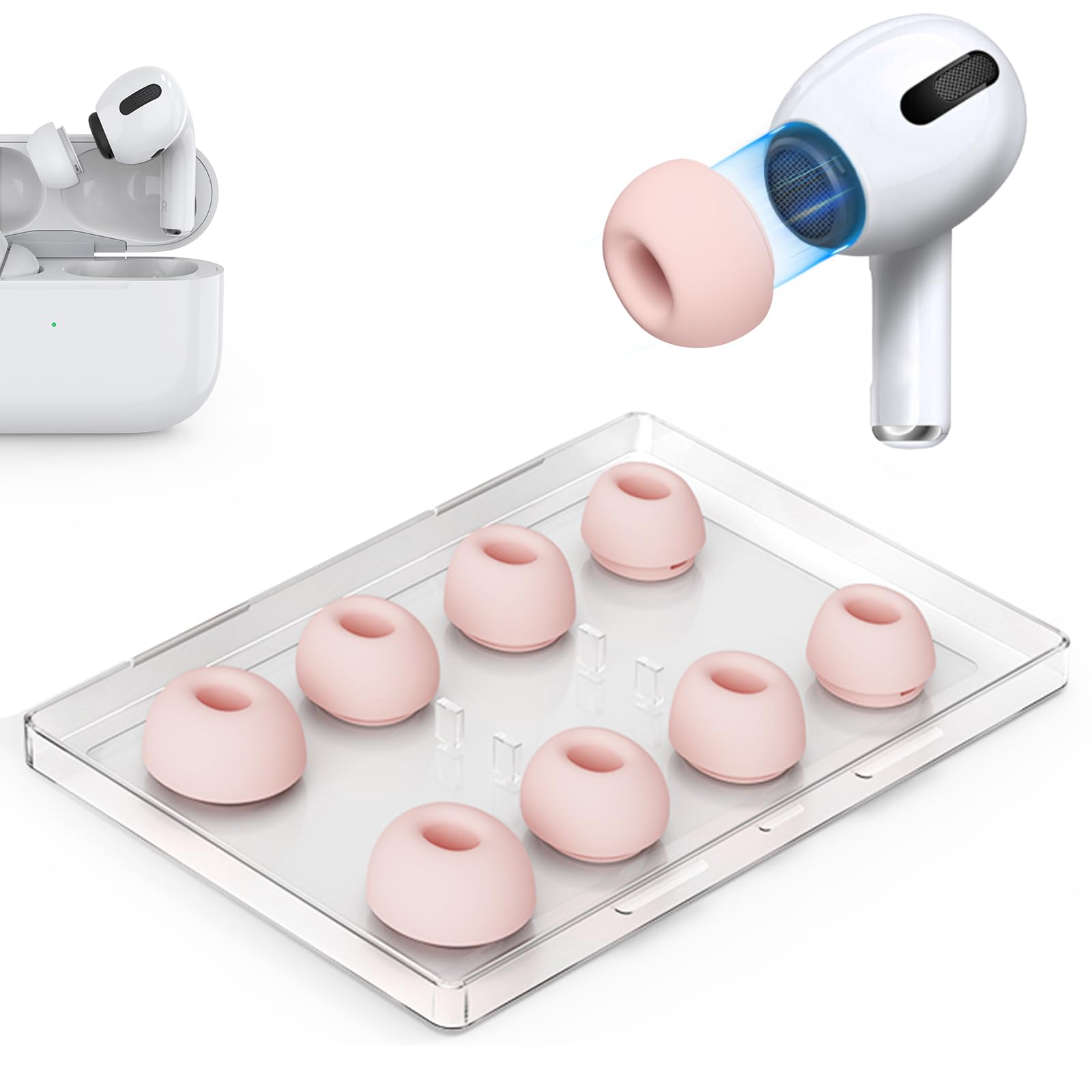 4 Pairs Replacement Ear Tips for AirPods Pro 2nd/1st Generation with Portable Storage Box,Noise Reduction Holewith & Built-in dust Guard Screen,Silicone Ear Tips for Apple AirPods Pro,4 Size-Pink