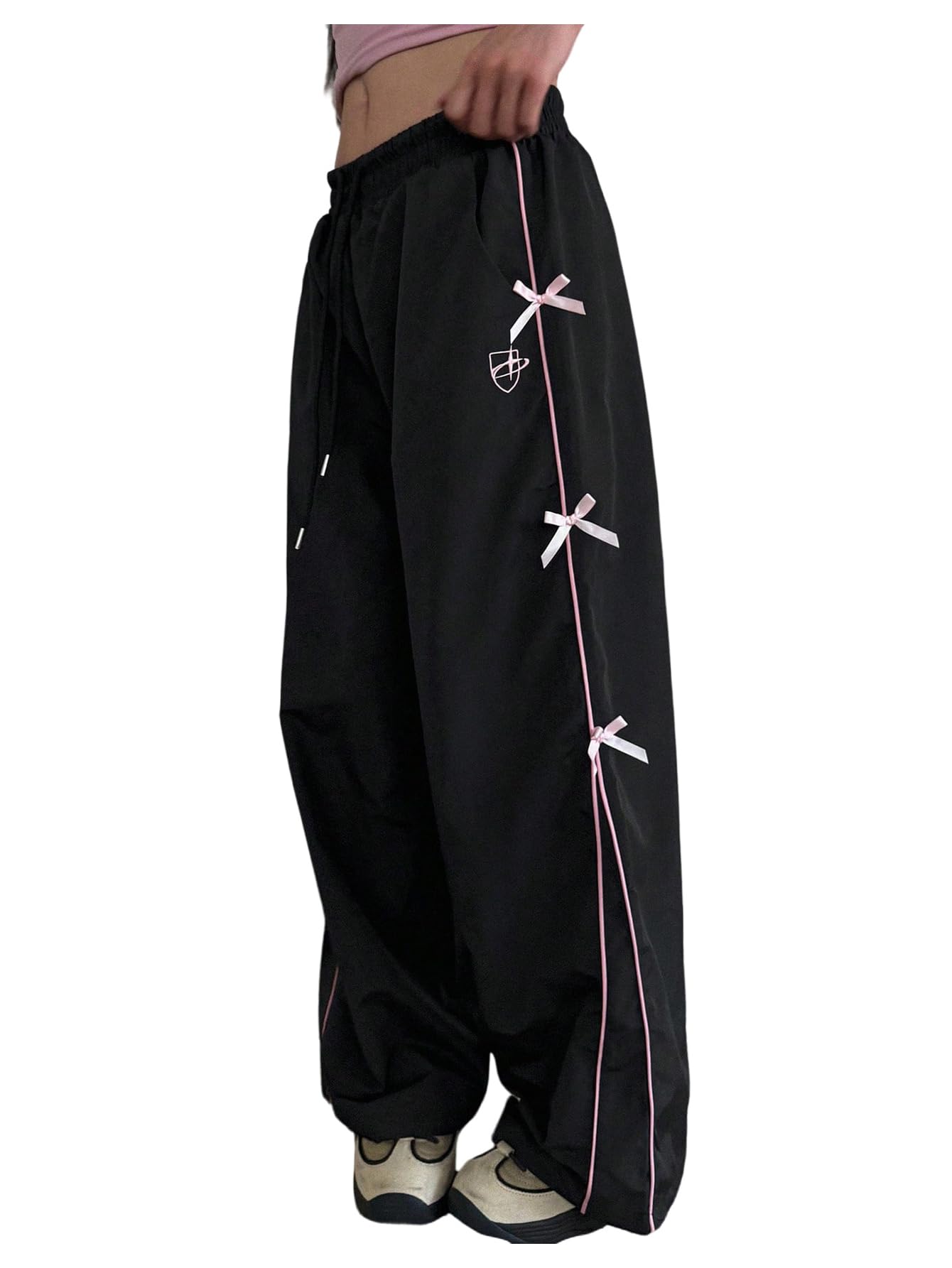 OYOANGLE Womens Y2K Parachute Pants Bow Side Striped Drawstring Wide Leg Trousers with Pocket