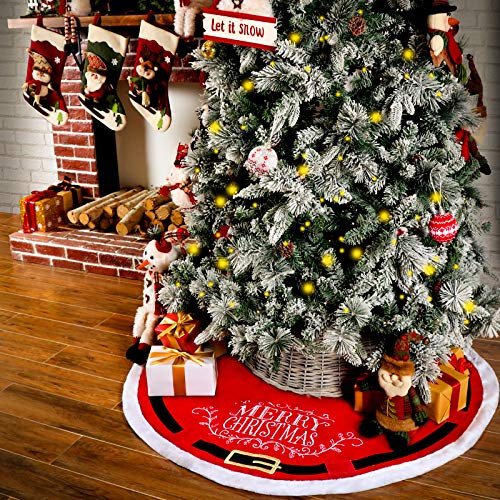POPUTOY Christmas Tree Skirt, 48 Inch Faux Velvet Trim X-mas Tree Skirt Santa Suit Pattern Christmas Tree Mat with Plush Mercerized Velvet for Christmas Holiday Decorations Indoor Outdoor