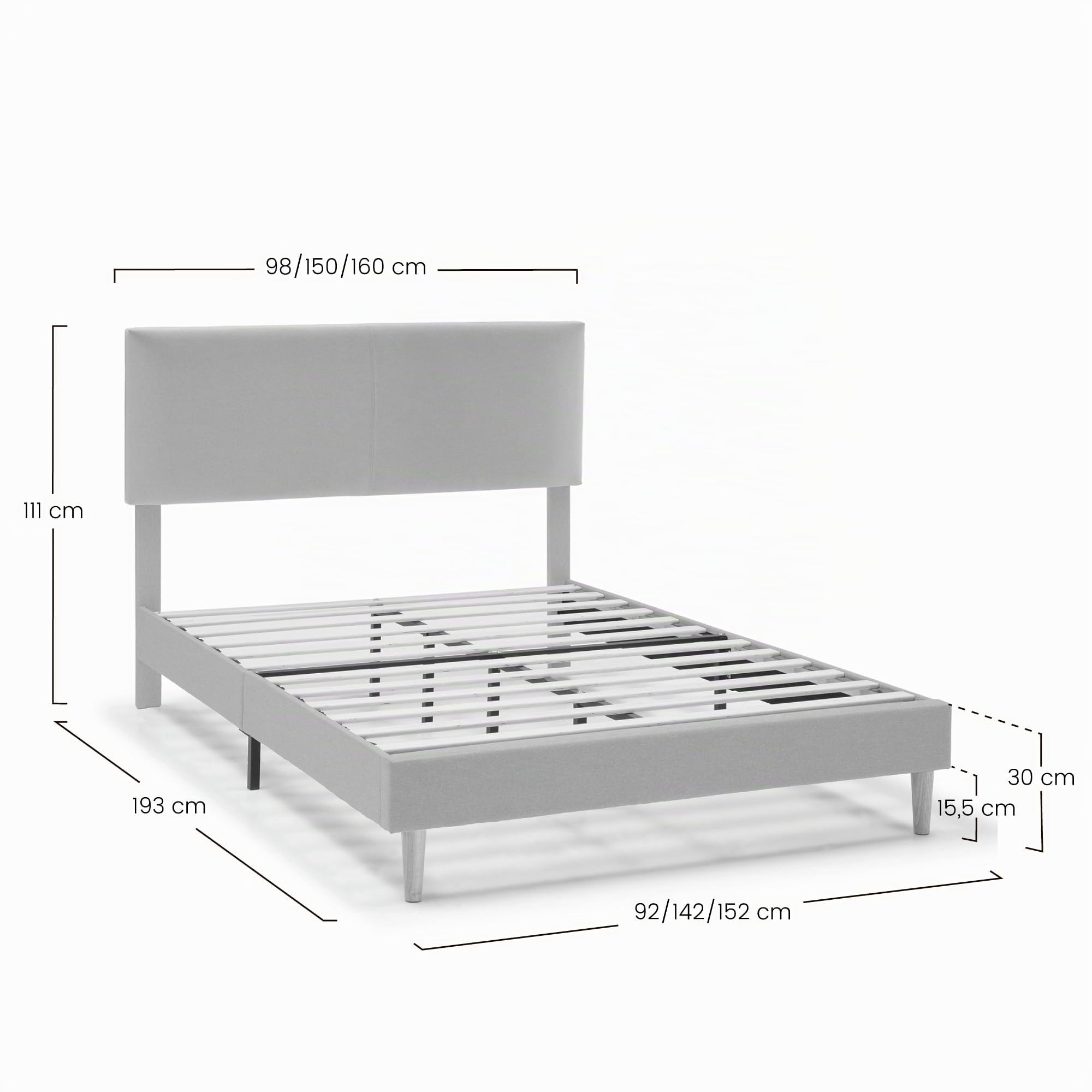 HOMN LIVING Estructura de Cama tapizada Lauren de 30 cm, Base para colchón 150x190 cm, Somier de láminas de Madera, Montaje Sencillo, Beige