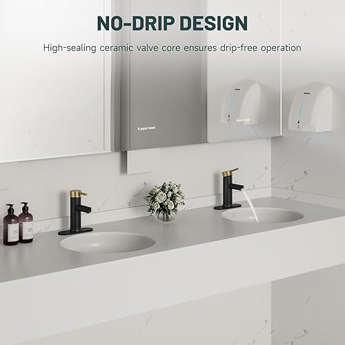 Miniatura 7 de Grifo de lavabo de baño negro y dorado, con una sola manija, un agujero, grifo de lavabo con placa de cubierta y línea de suministro, latón