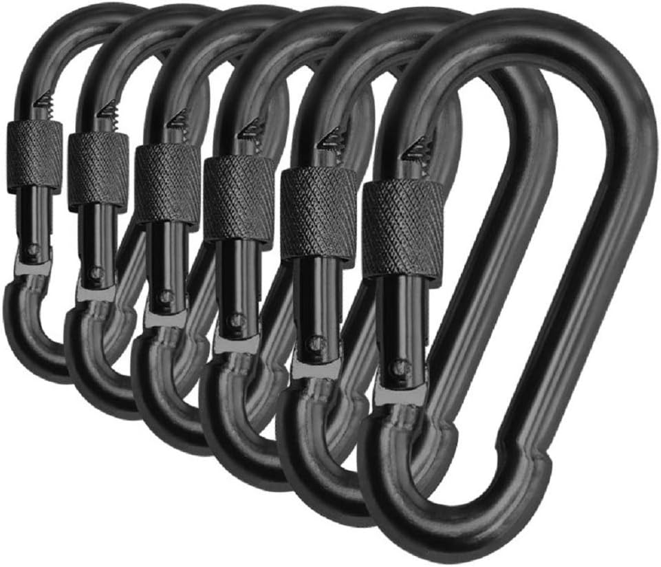 Black & Silver Heavy Duty Bushcraft Locking Thumb Screw Closure Zinc-Galvanized Steel Carabiner Spring Snap Clip Link Hooks 200-400lb Load. 6 & 12 Packs
