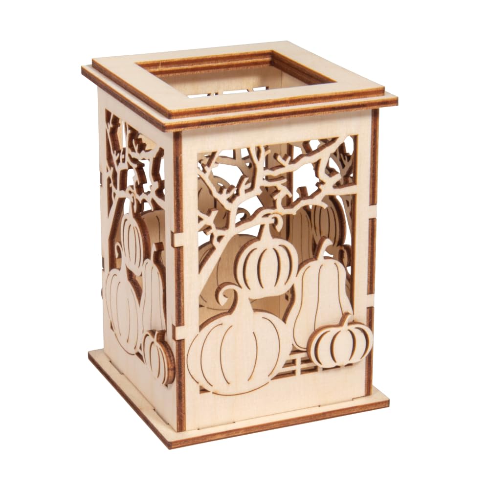 Rayher Wooden Lantern Building Kit with Pumpkin Design, DIY Wood Craft Set with 11 slot-together Pieces, Natural Wood to Decorate, 8.5x8.5x11.7cm, 64031505