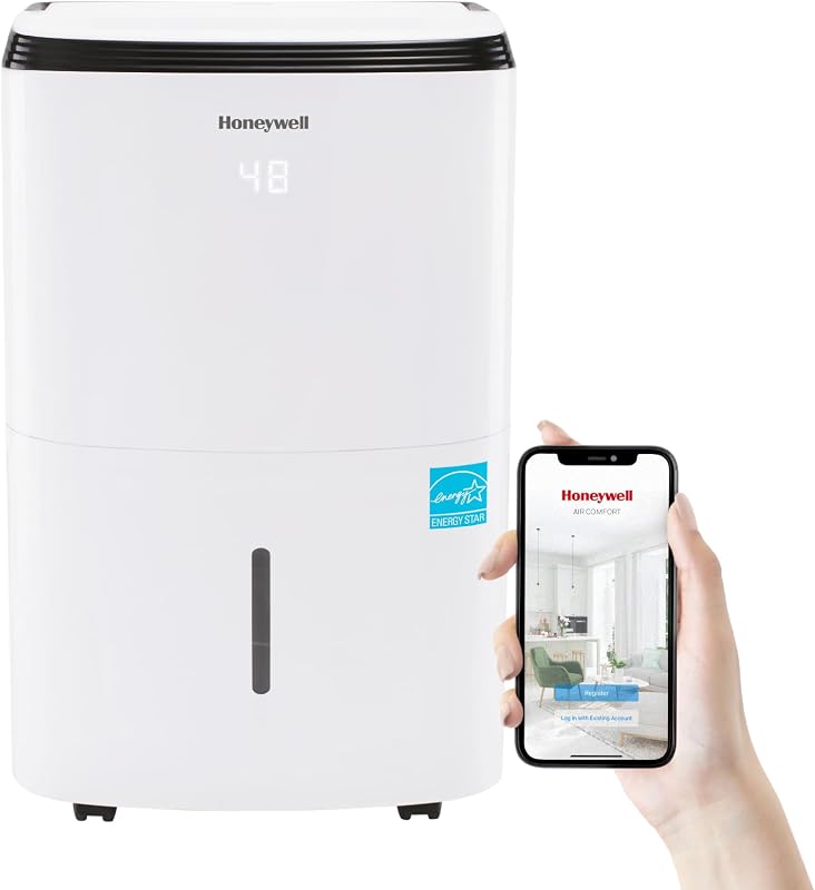 Honeywell 3000 pies cuadrados. Pie. Deshumidificador inteligente Energy Star para sótanos y habitaciones grandes, con WiFi, control por voz de Alexa y diseño antiderrames - TP50AWKNR