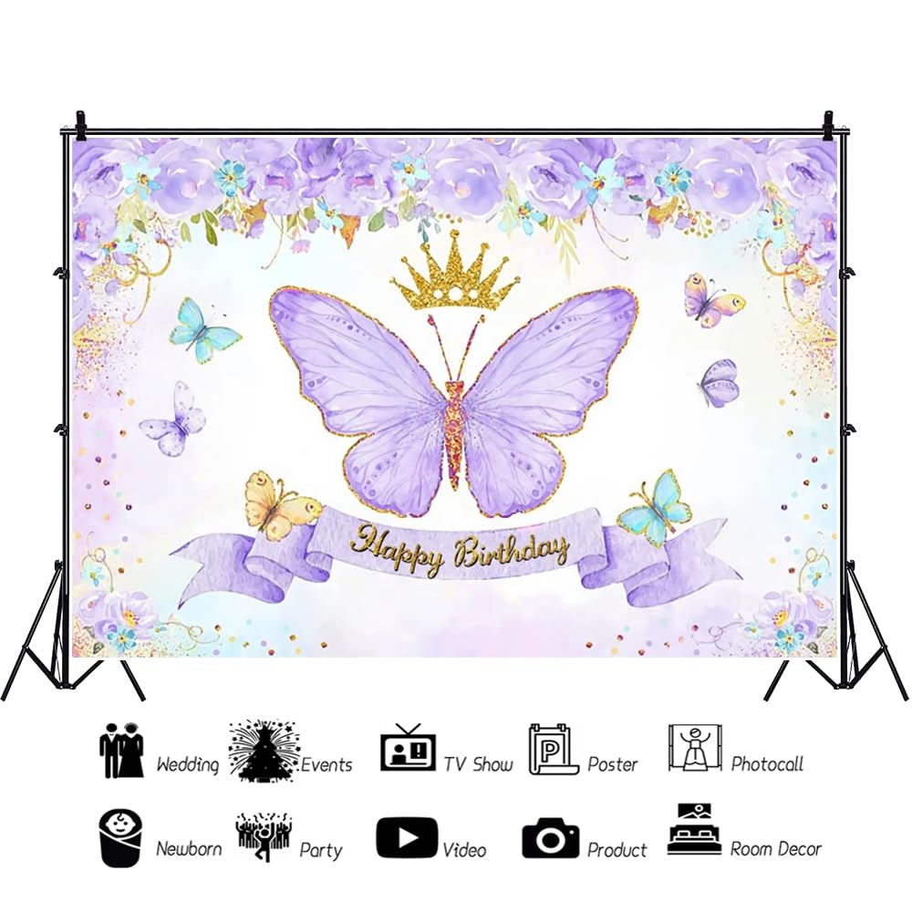 4,5x2,5m Farfalla Sfondo di compleanno Buon compleanno viola farfalla rosa sfondo fotografico Acquerello fiore oro scintillante corona sfondo fotografico per il compleanno delle ragazze