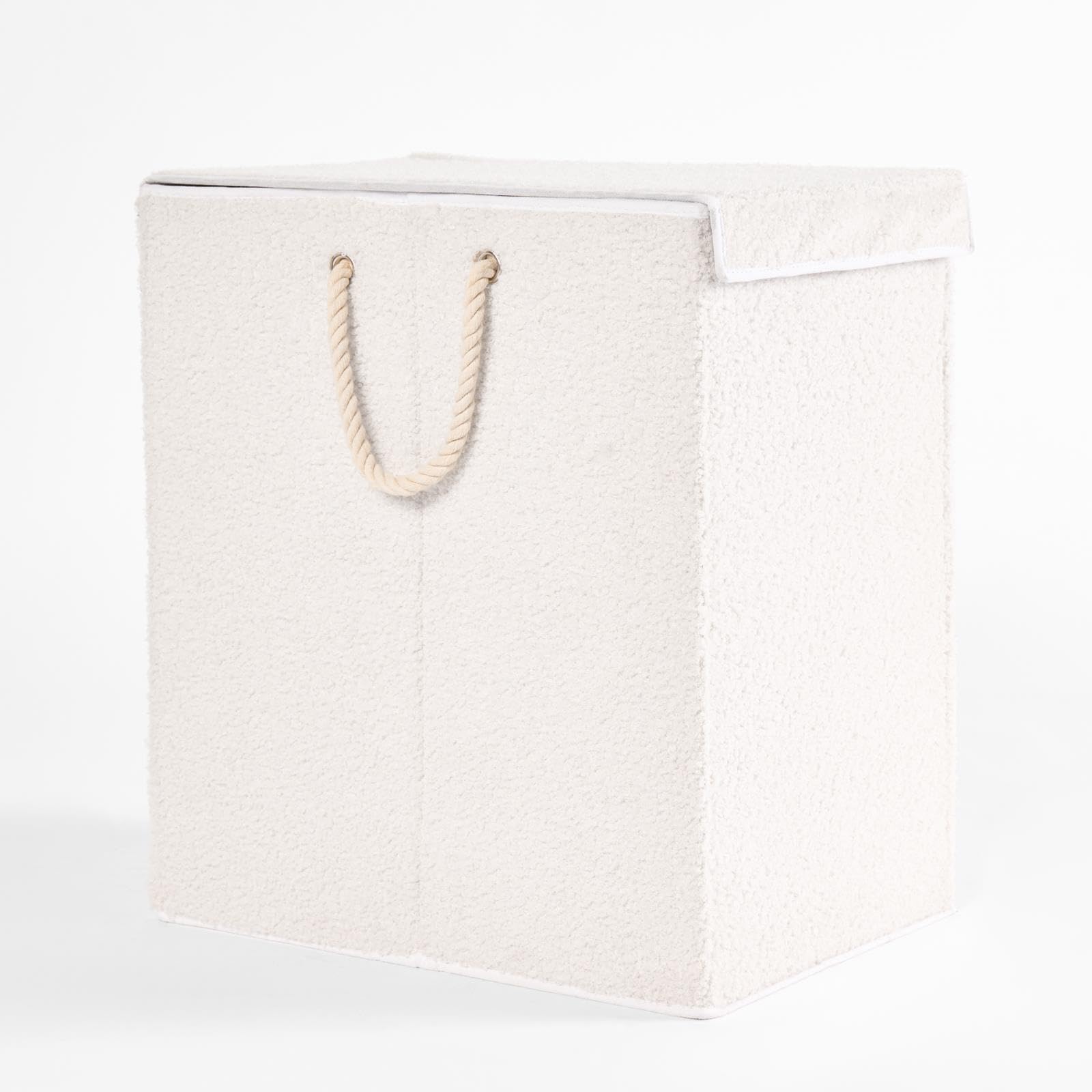 Ohs White Laundry Basket With Lid, Boucle Clothes Basket Laundry For Dirty Clothes Organising Space Saving Foldable Large Laundry Basket Easy To Carry Rope Handles,