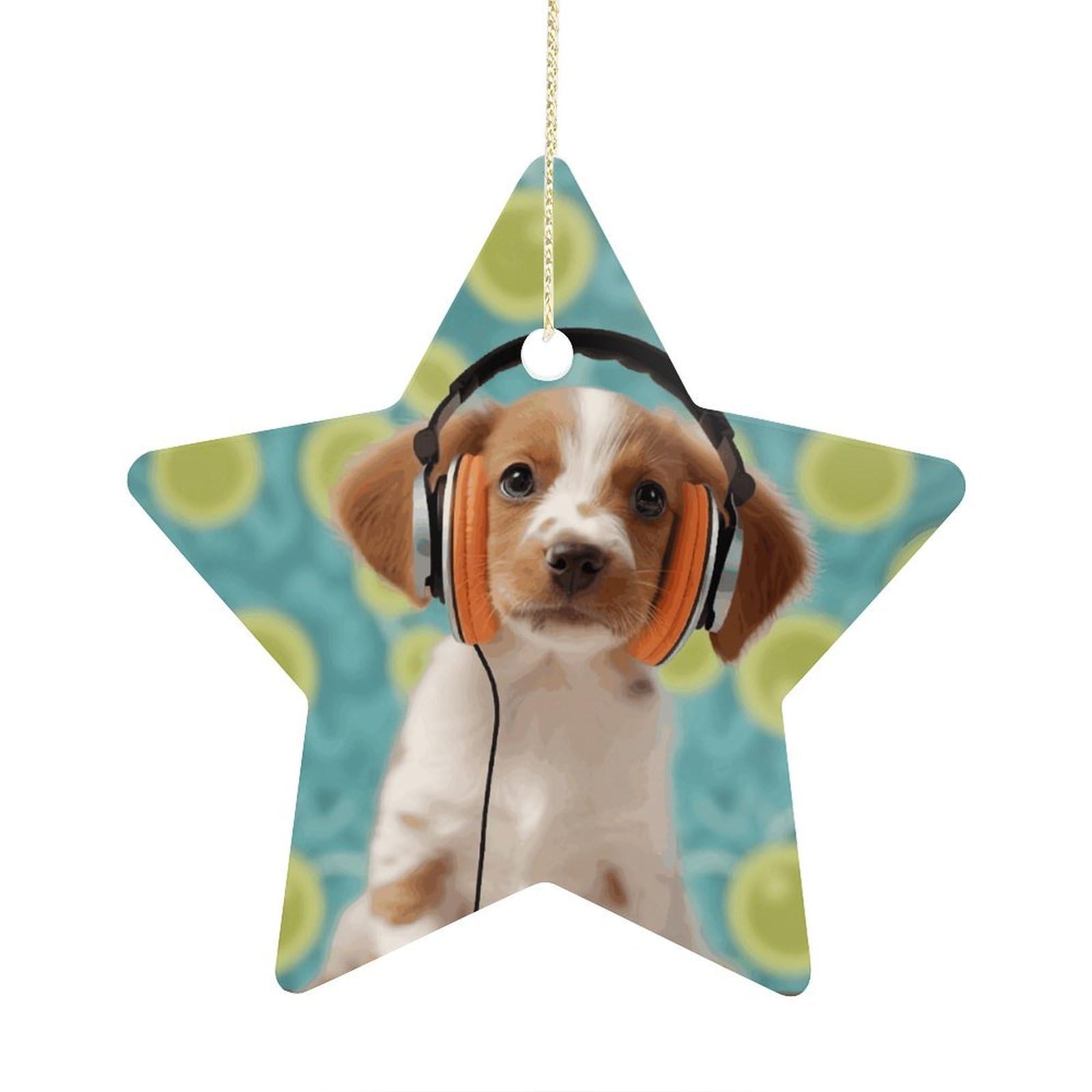 Puppy with Headphones Stars Ornaments Ceramic Christmas Tree Hanging Light in Weight Christmas Star Pendants Funny Double-Sided Printed Xmas Ornaments for Gifts
