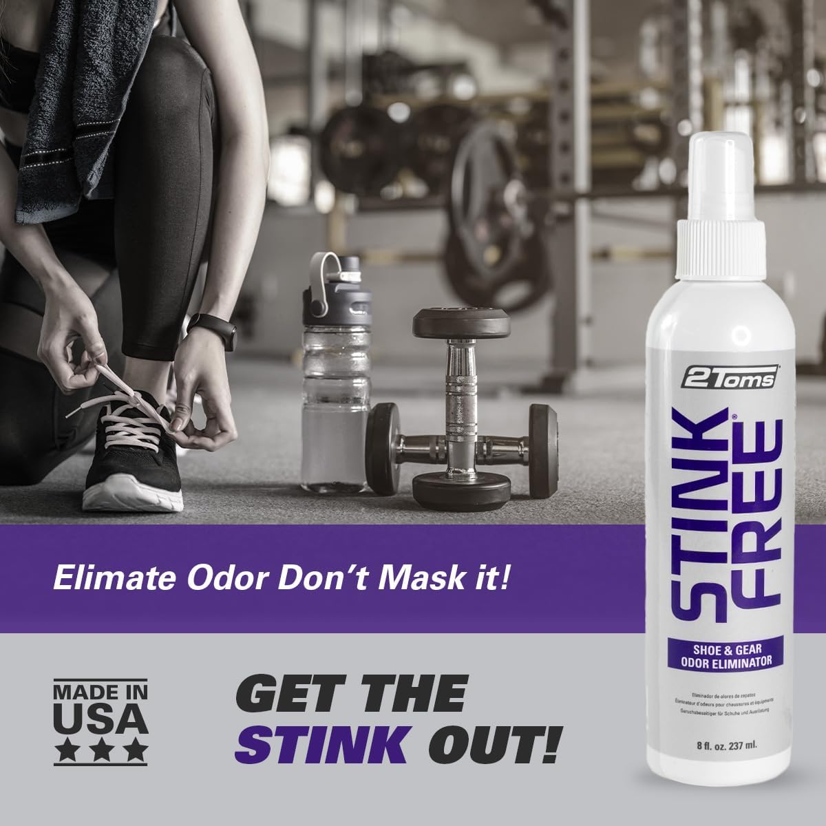 2Toms StinkFree Shoe Odor Eliminator Spray, Removes Odors Caused by Sweat in Shoes, Sneakers, Cleats, Boots & Gear, 8 Ounces, 2 Bottles