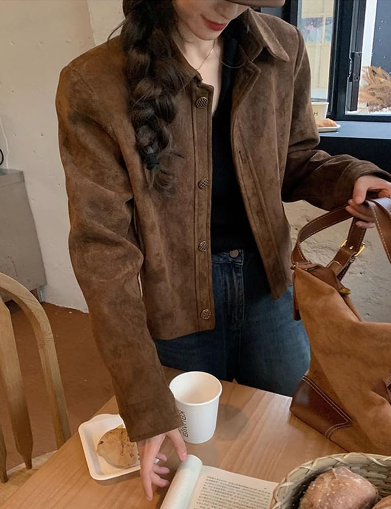 Mywinway Faux Suede Jacket Women Fall Winter Casual Leather Moto Jackets Vintage Y2k Shacket Blazer Coats Outerwear