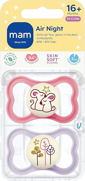 MAM Air Night Soothers | 18-36 Months | 2 Pack | Glow in The Dark Dummies | Comes in Dummy Steriliser Case | Sustainable Materials | Baby Accessories | Pink (Various Designs) - 2
