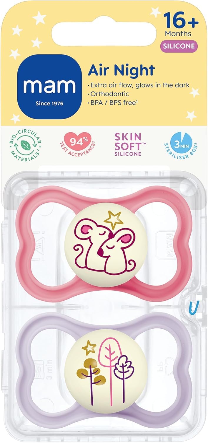 MAM Air Night Soothers | 18-36 Months | 2 Pack | Glow in The Dark Dummies | Comes in Dummy Steriliser Case | Sustainable Materials | Baby Accessories | Pink (Various Designs) — view 2