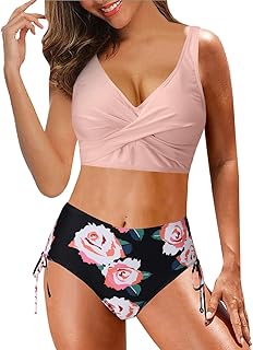 Conjunto frente única franzido cintura de reboque retrô feminino top biquíni estampado frente única biquíni vintage duas roupas de banho conjunto tanquínis top biquíni com aro, rosa, GG