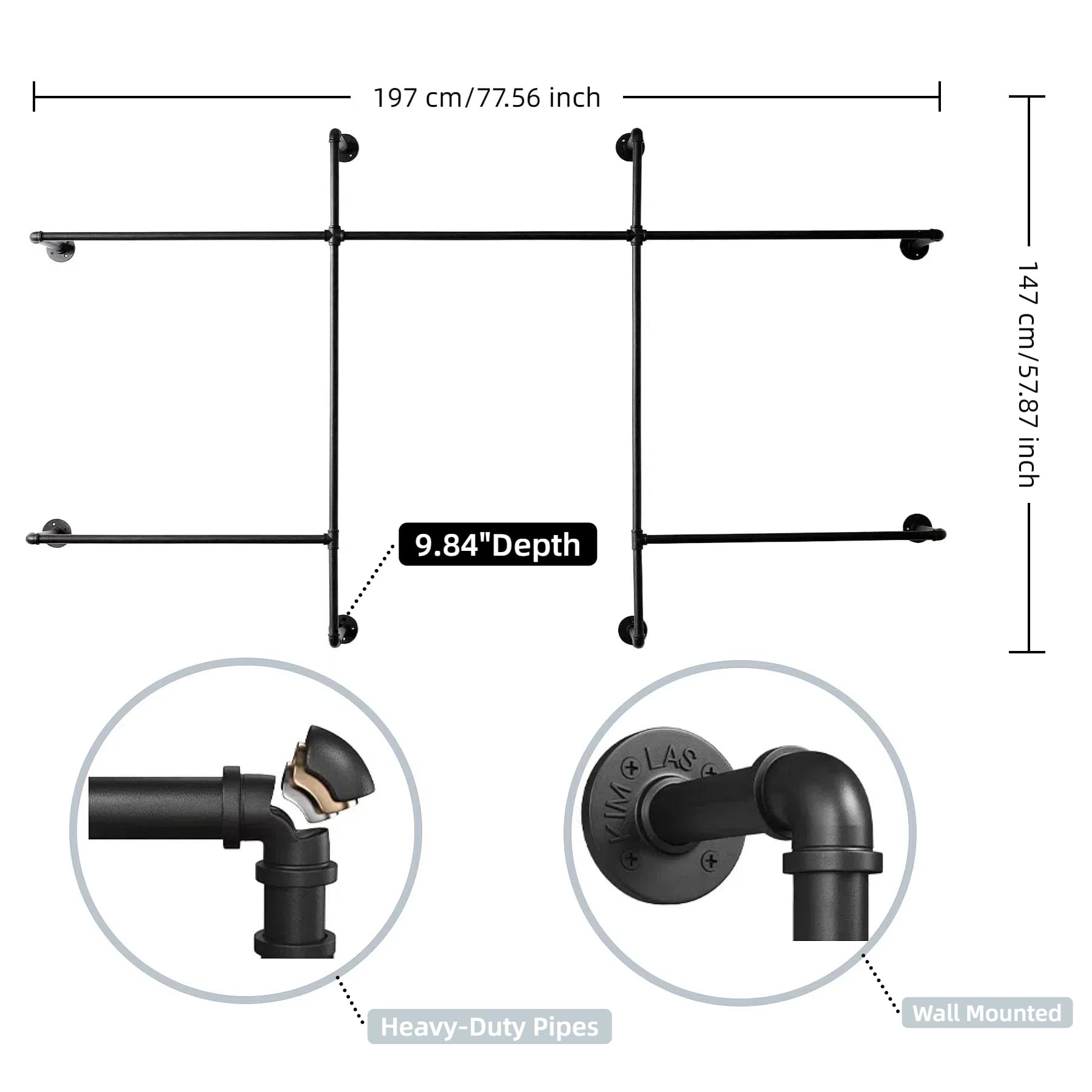 6 Stück Industrielle Kleiderstangen Aus Eisenrohr - 30.5 Cm, Schwarz, Wandmontage