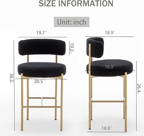 Miniatura 2 de Boucle - Juego de 2 taburetes de bar negros con respaldo, taburetes de bar modernos dorados para isla de cocina, pub, club