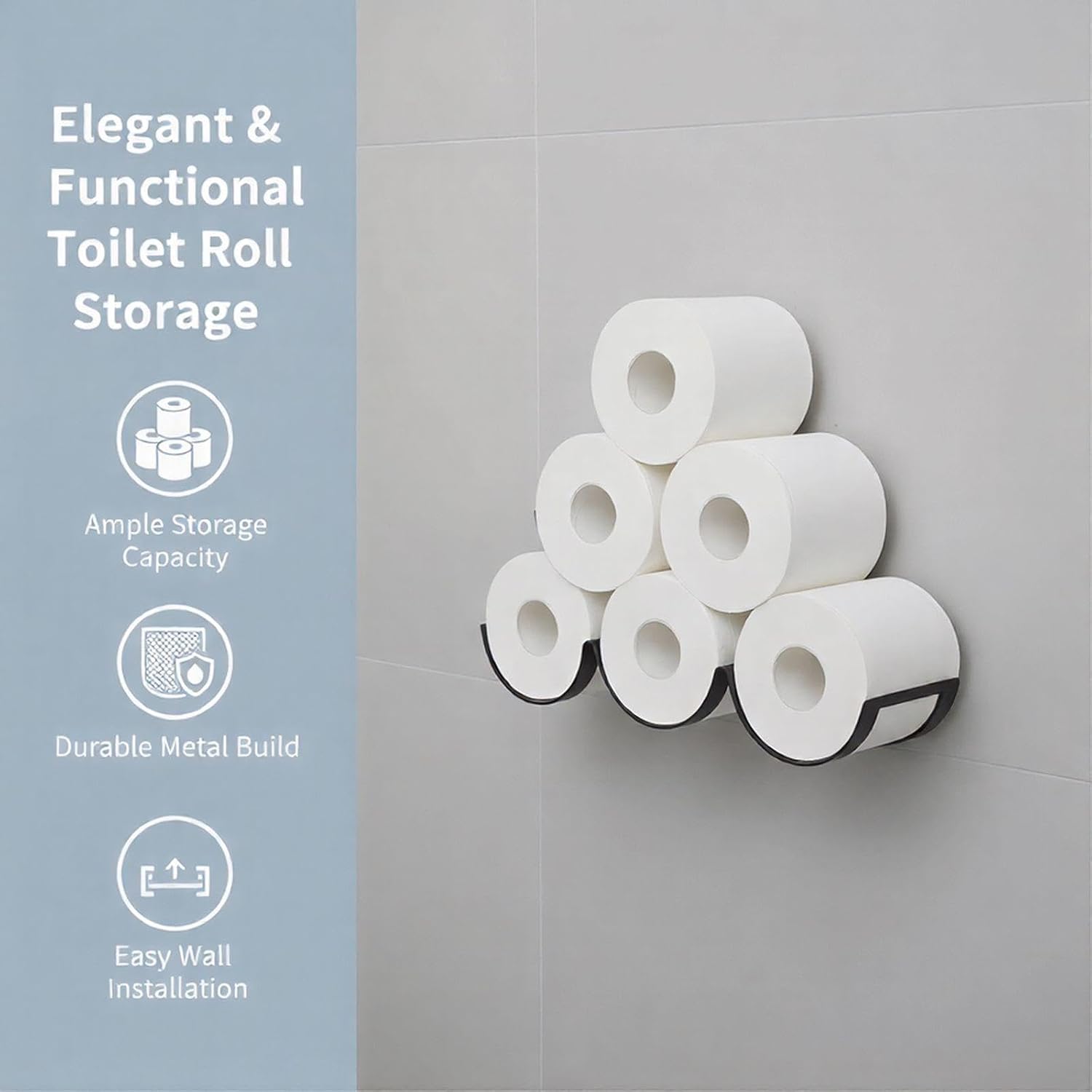 Wall Toilet Paper Holder for Extra 6 Rolls, Iron Wall Mount Toilet Roll Holder, Cloud Floating Toilet Paper Storage Rack, Metal Paper Roll Towel Holder Bathroom Decor Tissue Holder Shelf（Black） image 2