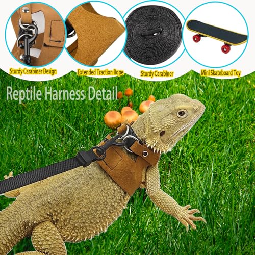 Image of 3 Size Bearded Dragon Leash and Harness Set Adjustable Bearded Dragon Harness with Lizard Traction Rope for Reptile ，Squirrel Ferret Walking Outdoor ，with mini Scooter Toy(Brown)