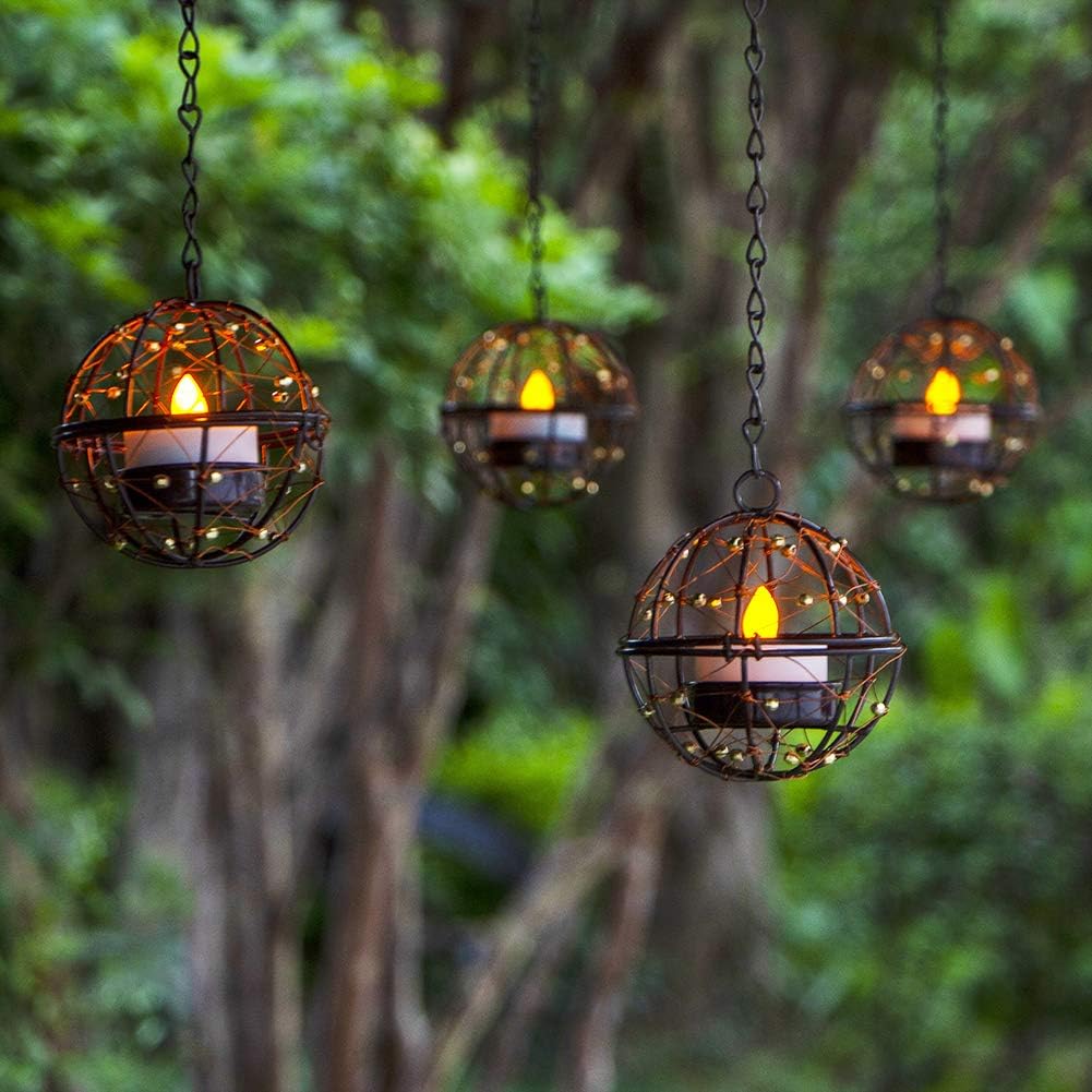 ZHONGXIN Solar Lights Outdoor Hanging Lanterns, Beaded Copper Wire Ball Candle Holder with Solar Tea Lights, Perfect for Home, Garden, Backyard, Pergola, Patio Umbrella, Tree, Window Decor-Set of 4
