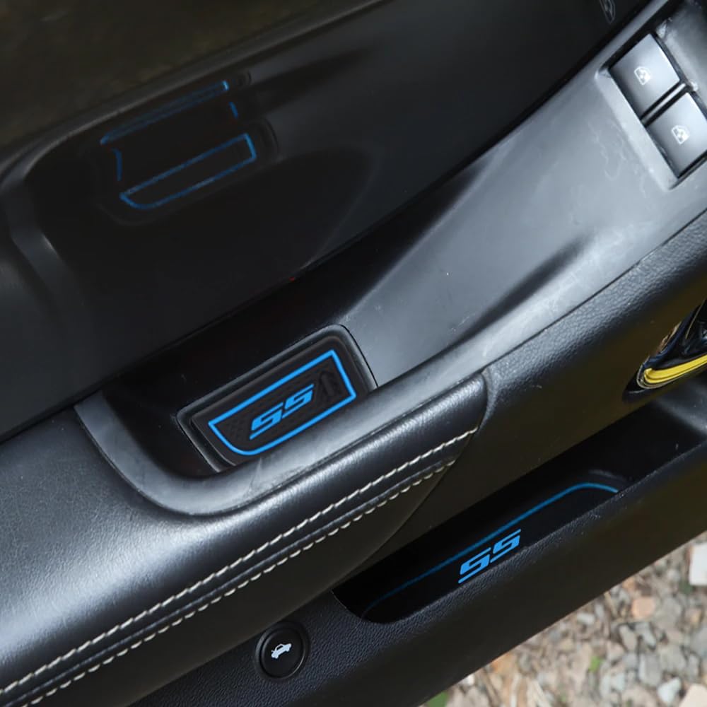 BOYOUS 7Pcs Non-Slip Anti Dust Cup Holder Inserts, Center Console Liner Mats, Door Pocket Liners Kit For Chevy 2010-2015 Camaro(Blue Trim)