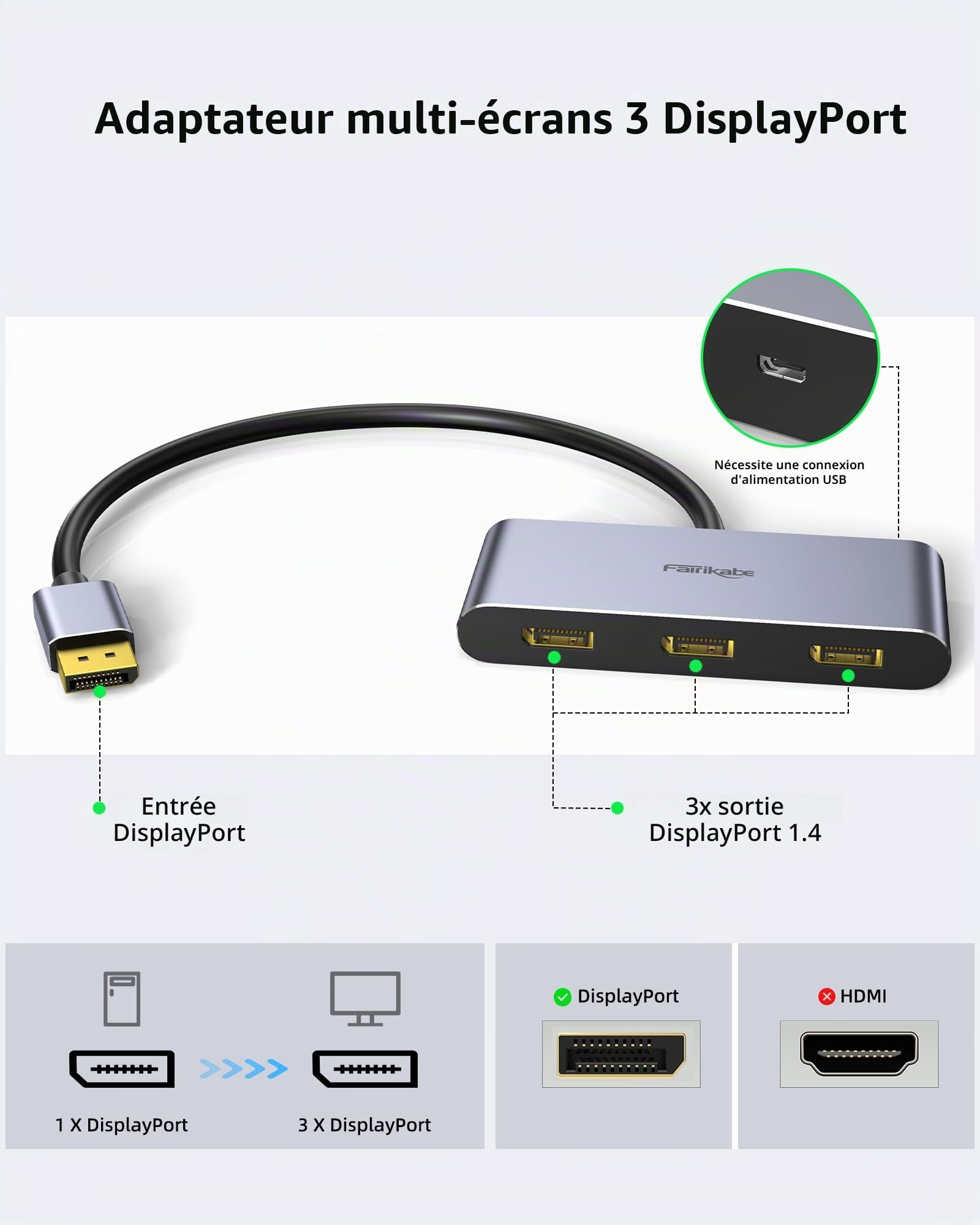 Répartiteur DisplayPort 1.4 3 ports - Hub MST - Support 8 K, double 4K 120 Hz, 60 Hz et 1080p 60 Hz - Windows
