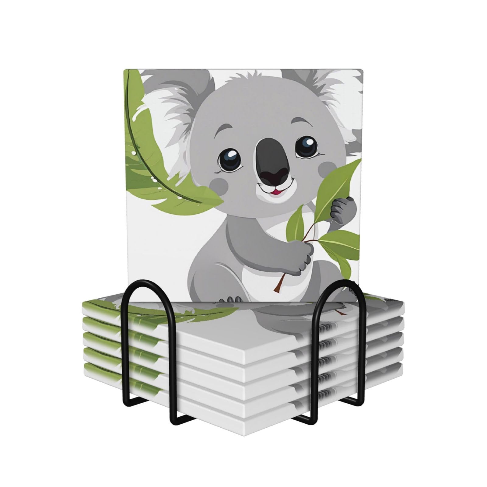 Keramikuntersetzer mit niedlichem Koala-Muster, quadratisch, saugfähig, mit Halter, für Zuhause, Büro, Bar, Restaurant, 6 Stück