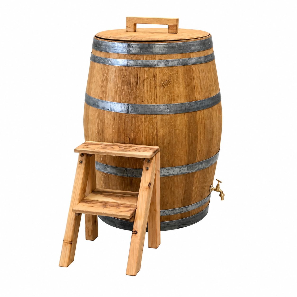 Fass-Schmiede Premium-Holzfass für Eisbaden, Holz, 300 Liter | Ideal für Regeneration und Wellness, Originales Weinfass, Mit Treppe, Geölt