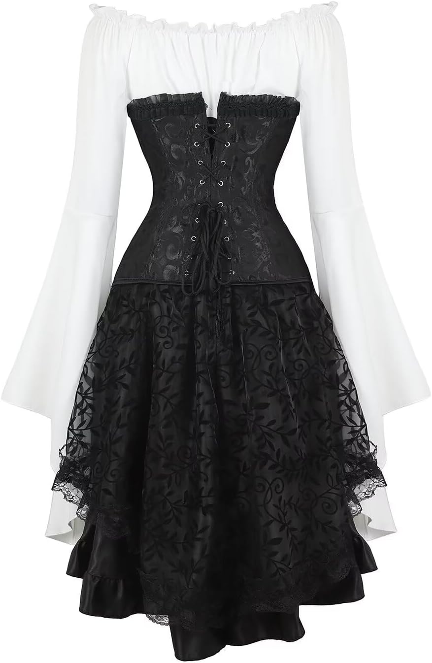 Jutrisujo Corset Tops for Women Dress Skirt with Tutu 3 Set Plus Size Vintage Lace up Gothic Costume Halloween Black