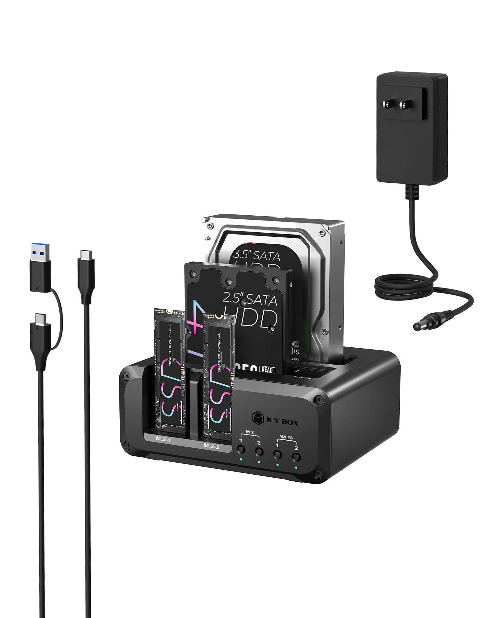 Docking station per dischi rigidi NVMe M.2 e SATA SSD/HDD a 4 alloggiamenti, lettore ICY BOX USB-C 10Gbps NVMe, SATA a M.2 NVMe, docking station per disco rigido 2.5/3.5 fino a 48 TB, interruttori di
