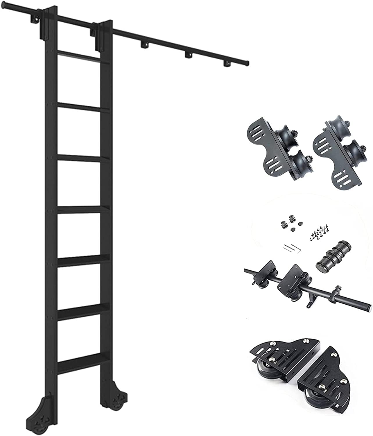 Rolling Ladder Library Full Set Hardware Track 3.3ft-20ft,with Floor Roller Wheels Retractable Sliding Barn Door Complete Kit (No Ladder),Round Tube Mobile Ladder Rail for Loft/Home/Indoor/B