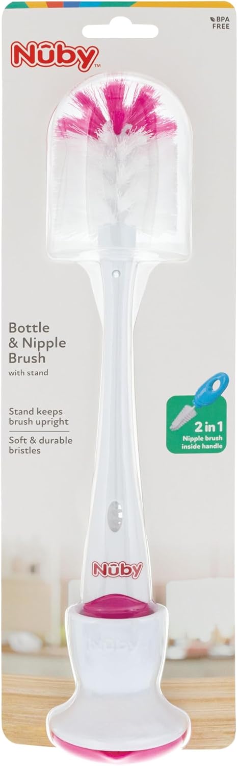 Nuby 2-in-1 Baby Bottle Brush with Stand - Soft Nylon Bristles - Dishwasher Safe - Bottle and Nipple Cleaning Tool - Pink