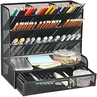 Marbrasse Mesh Desk Organizer, Multi-Functional Pen Holder, Pen Organizer for desk, Desktop Stationary Organizer, Storage Rack for School Home Office Art Supplies (Balck Mesh Pen Holder with Drawer)