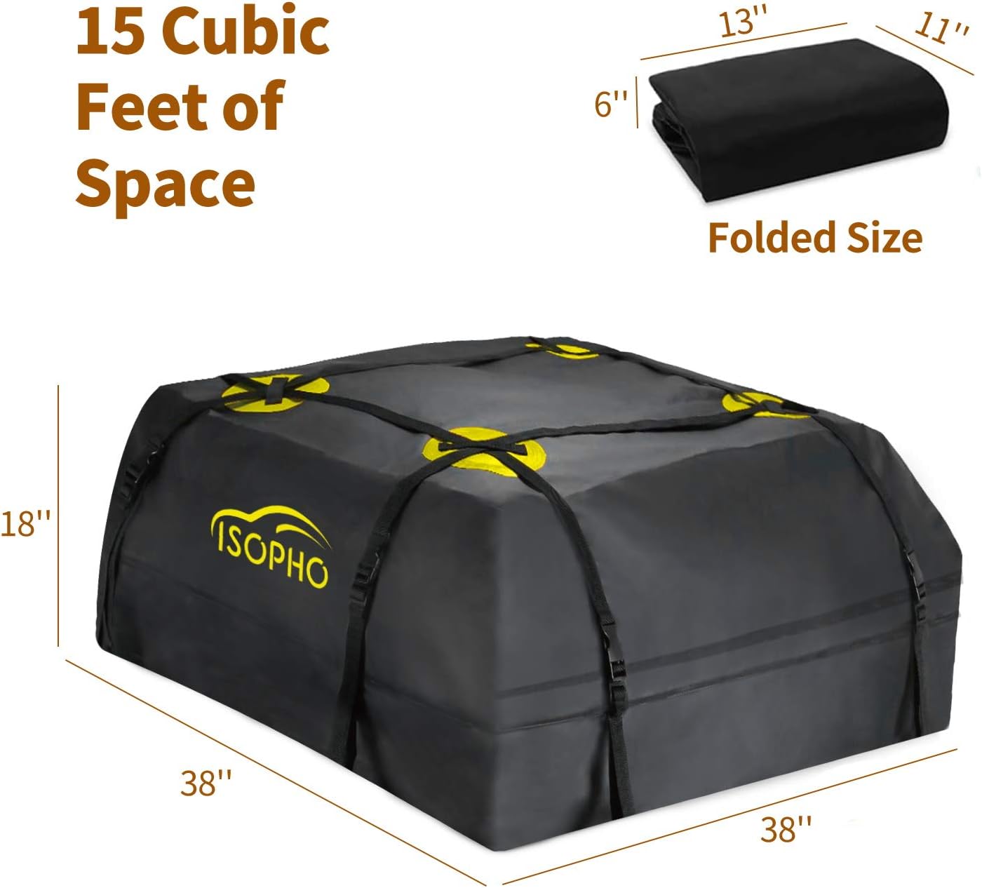 ISOPHO Rooftop Cargo Carrier, 15 Cubic ft Waterproof Car Top Carrier with 6 Heavy-Duty Straps, Excellent Military Quality Roof Cargo Bag for Cars with or Without Racks, Resist Outdoor Dust, Storm