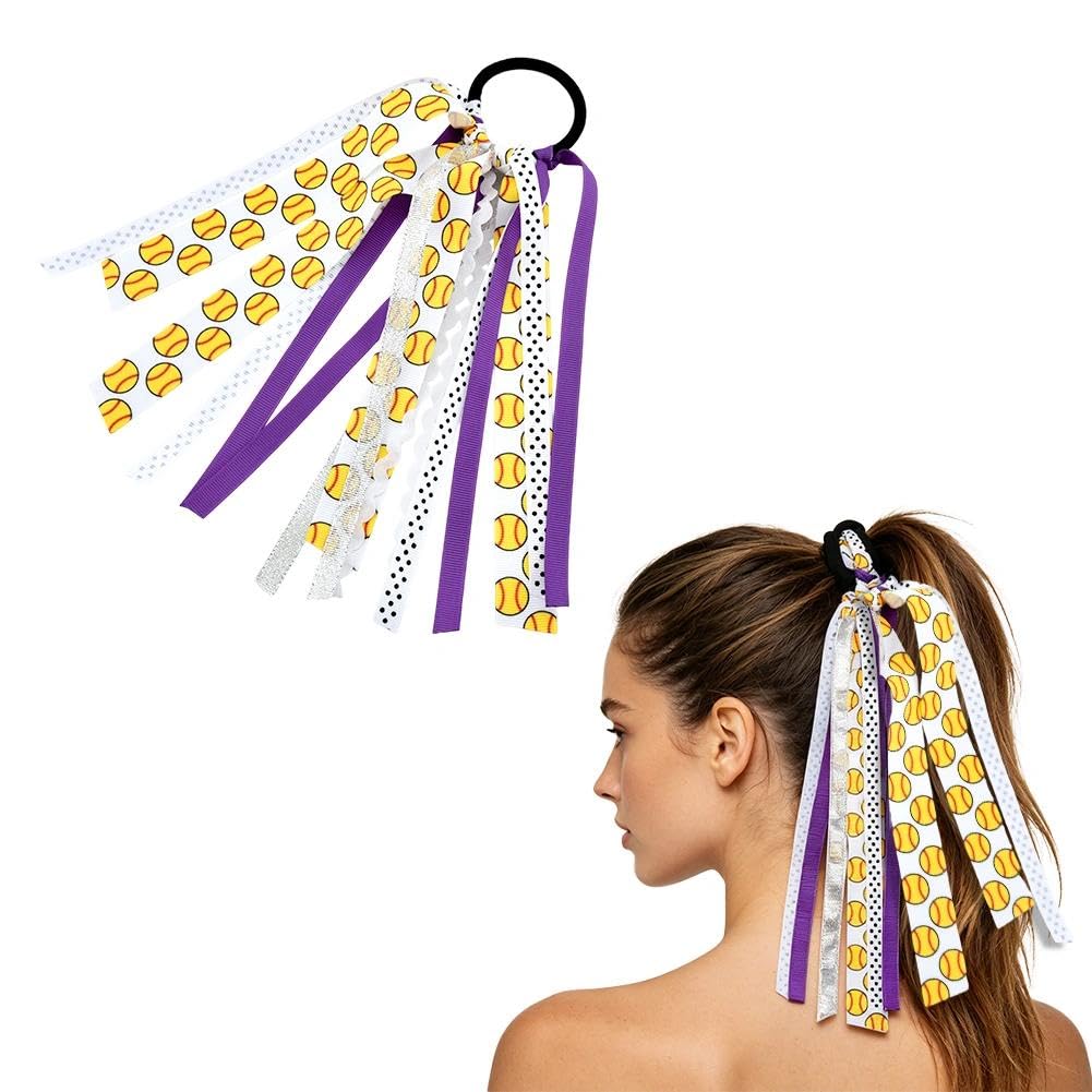 Purple Ribbon Softball Hair Tie for Girls Glitter Hair Streamers Scrunchie