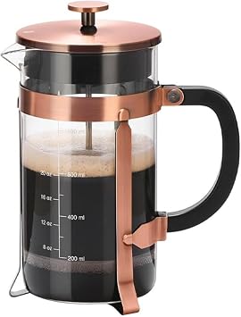 French Press Coffee Maker, GEBYUI 304 Stainless Steel French Press with 4 Filters, Heat Resistant, Durable and Easy to Clean Borosilicate Glass Coffee Press, 100% BPA Free Glass Teapot, 21 oz, Copper