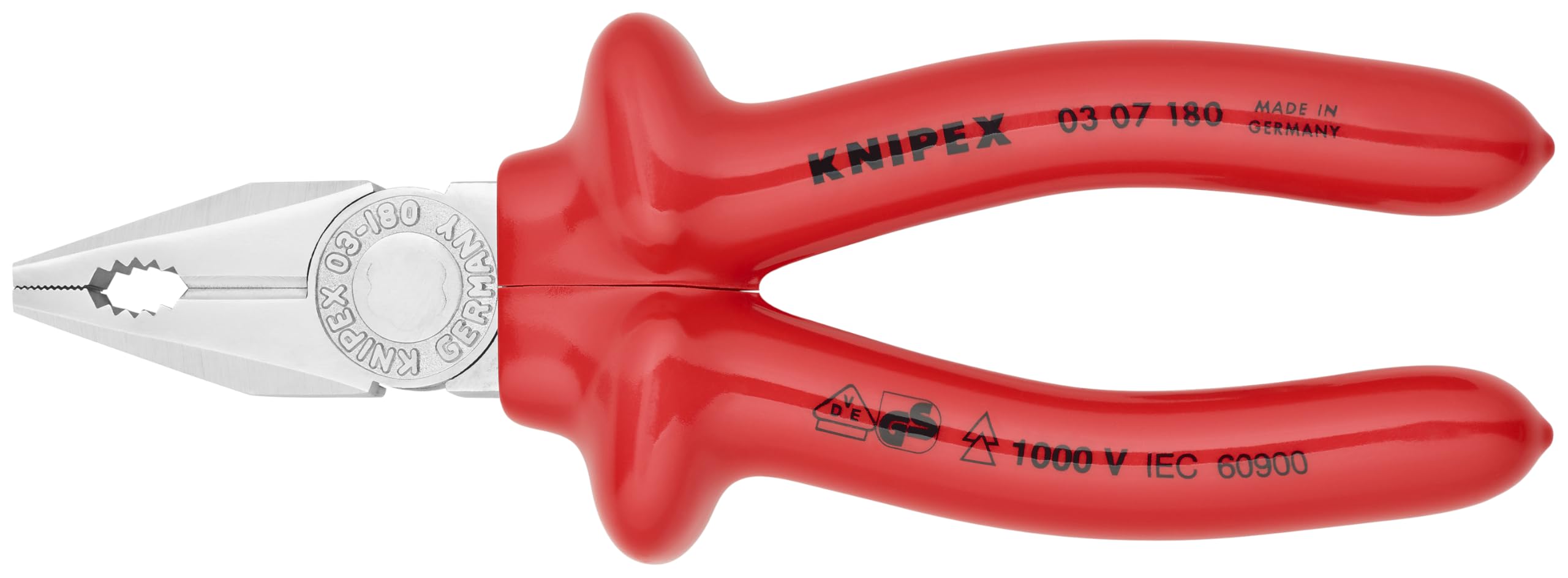 Alicates Lineman Knipex 03 07 180 de acero con mango de plástico rojo