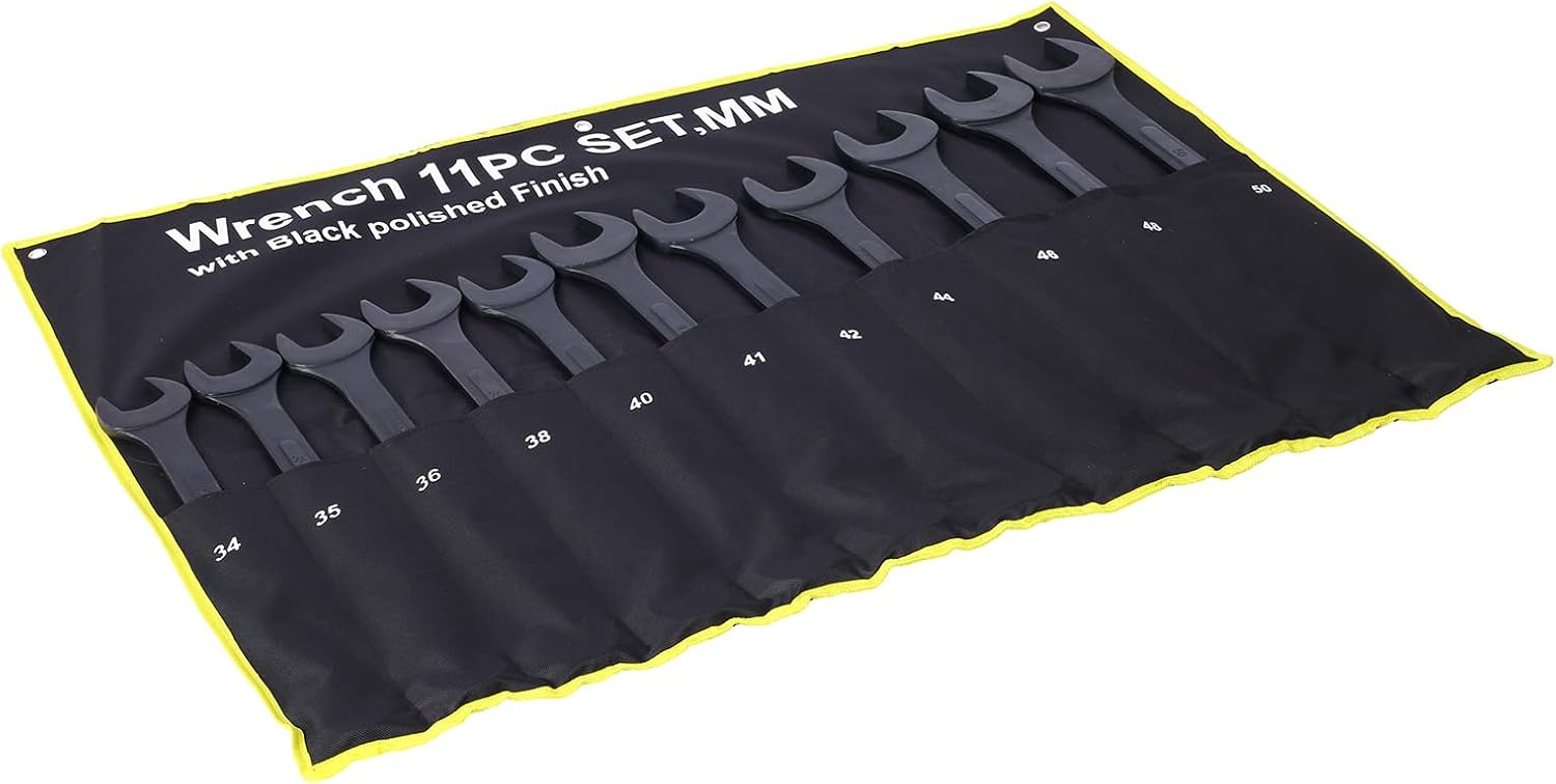 Jumbo Wrench Set, Metric, 34, 35, 36, 38, 40, 41, 42, 44, 46, 48, 50mm, Large Combination Wrench Set, Black Oxide Finish with Pouch(11PC-Metric)