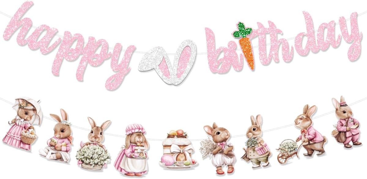 Easter Bunny Happy Birthday Decorations Banner Glitter Pink Rabbit Party Theme Banner for Spring Easter Supplies