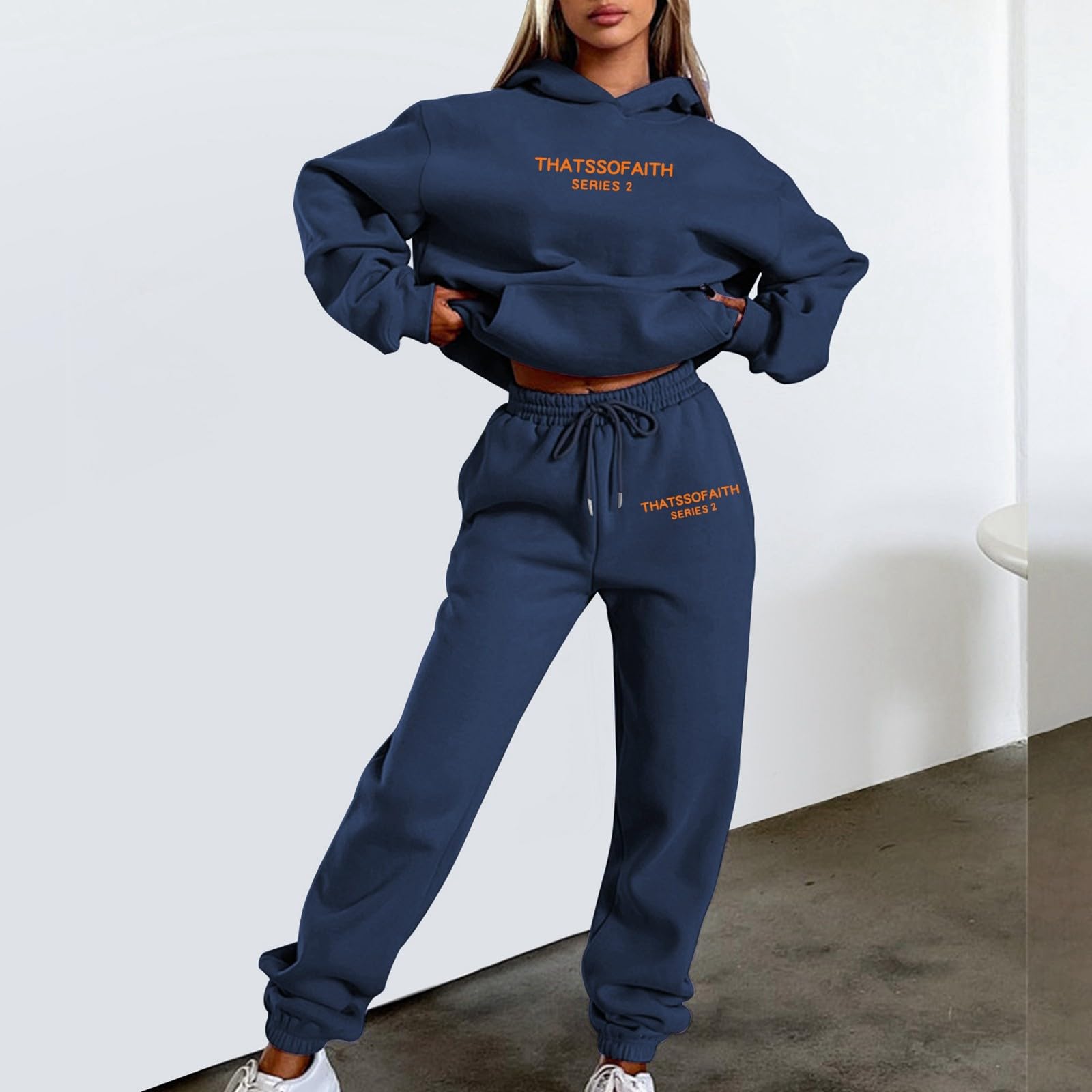 Générique Sweat à Capuche imprimé Lettre pour Femmes, Costume Pantalon Polaire décontracté à la Mode