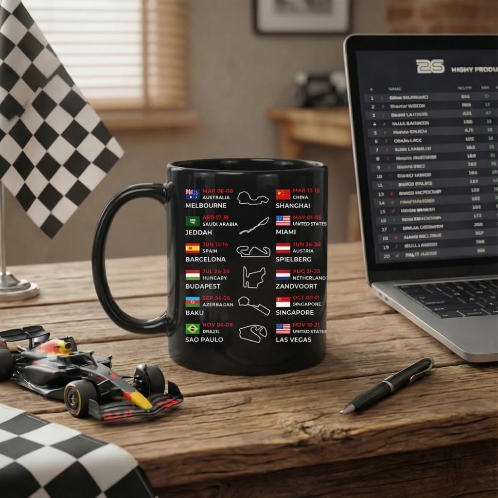 2026 Formula Racing Season Calendar Mug - Black Ceramic Coffee Cup Featuring Grand Prix Circuit Layouts & Dates - Includes New Madrid Track - Motorsport Fan Gift for Men and Car Enthusiasts - 11oz