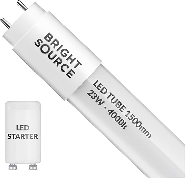 Bright Source 5ft (1500mm) 23w LED T8 Tube, 2300lm, 4000K Cool White, Replacement for 58w T8 Fluorescent, Starter Included - Direct Mains or for use with Switch Start Fitting with Magnetic Ballast