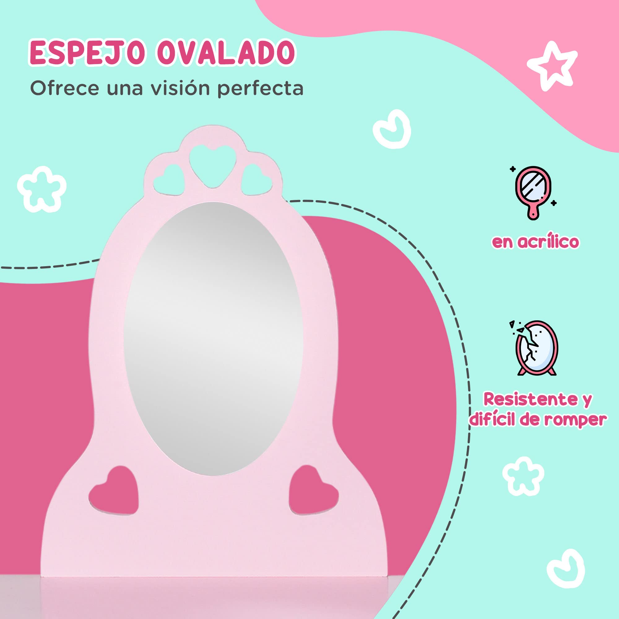 HOMCOM Tocador Infantil Madera Niñas 3-6 Años con Taburete Espejo Princesa 60x36x88 cm Rosa