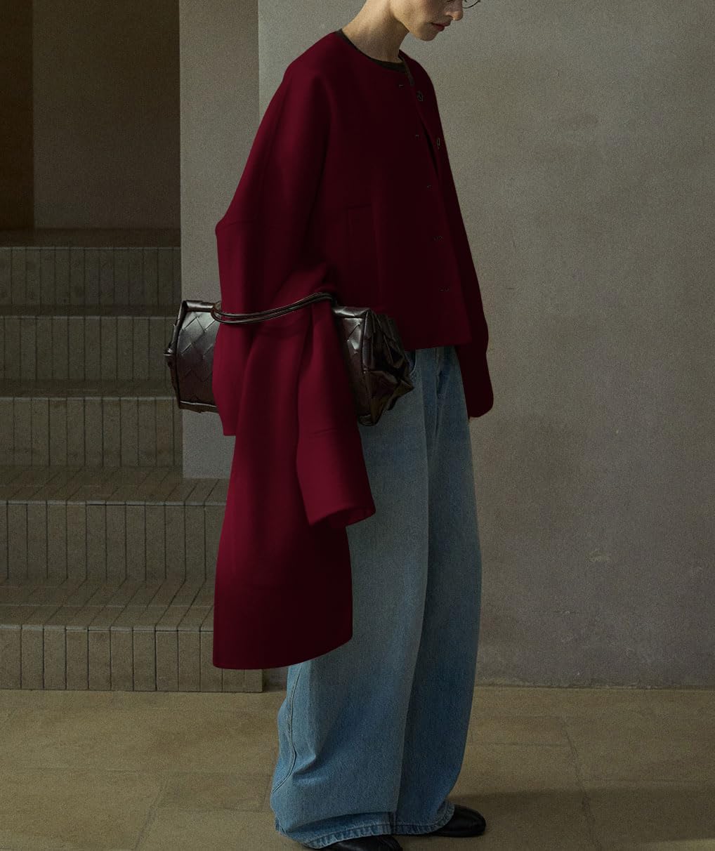 chouyatou Women's Casual Single Breasted Cropped Wool Coat Dressy Trench Pea Coat Short Wool Jacket with Scarf